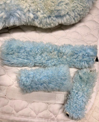 Lambskin light blue saddle seat saver and bridle covers set