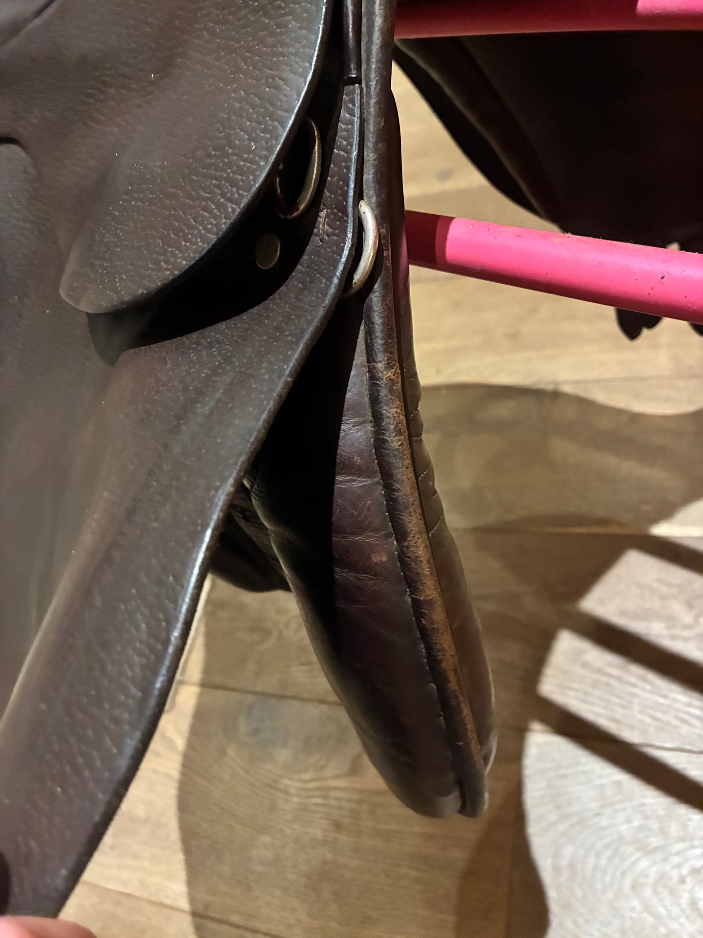 16.5 leather Havana brown hoop saddle 9.5” from d ring to d ring (wide/ex wide)