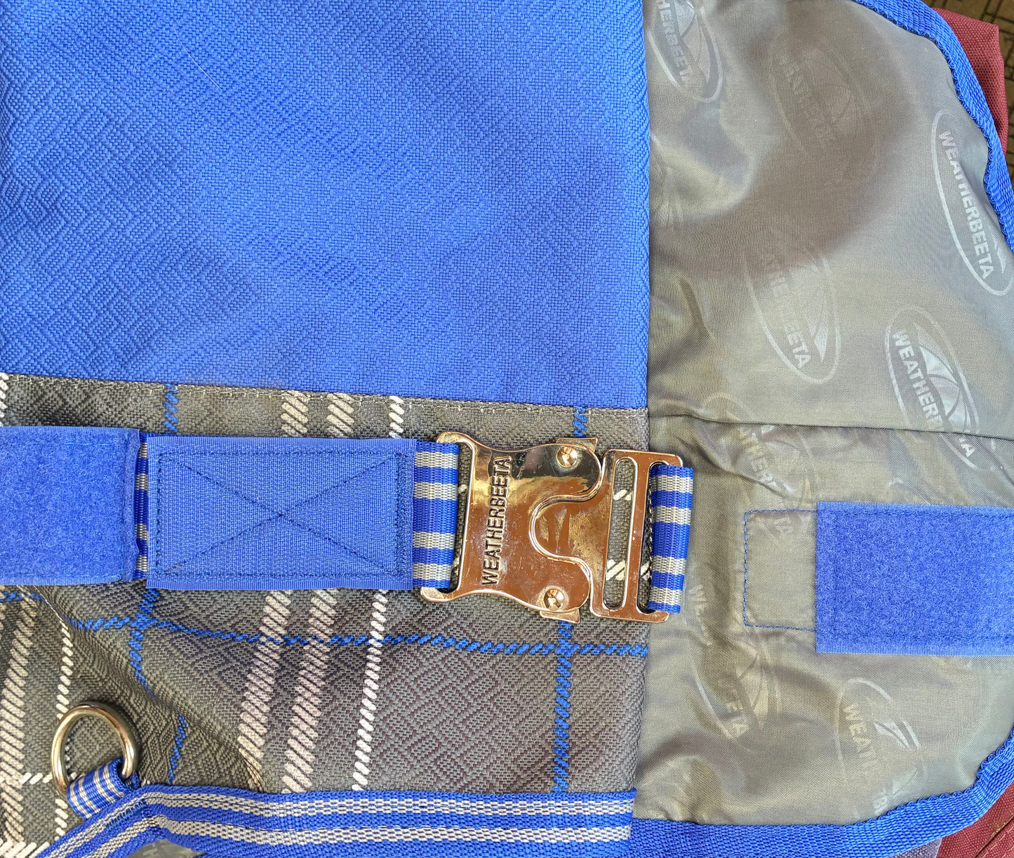 New WeatherBeeta ComFiTec Premier 3’0 lightweight turnout rug grey plaid and blue colorway 50g fill