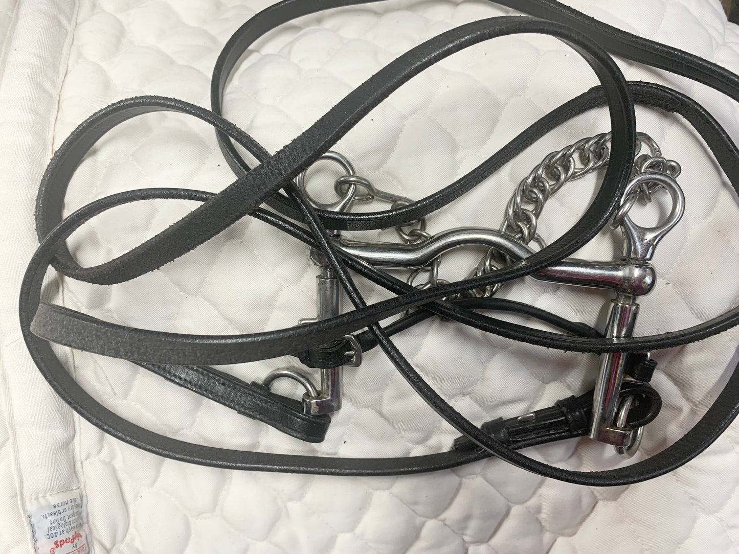 5” ported Weymouth sliding cheek Pelham with lip strap & 54” black leather double bridle reins