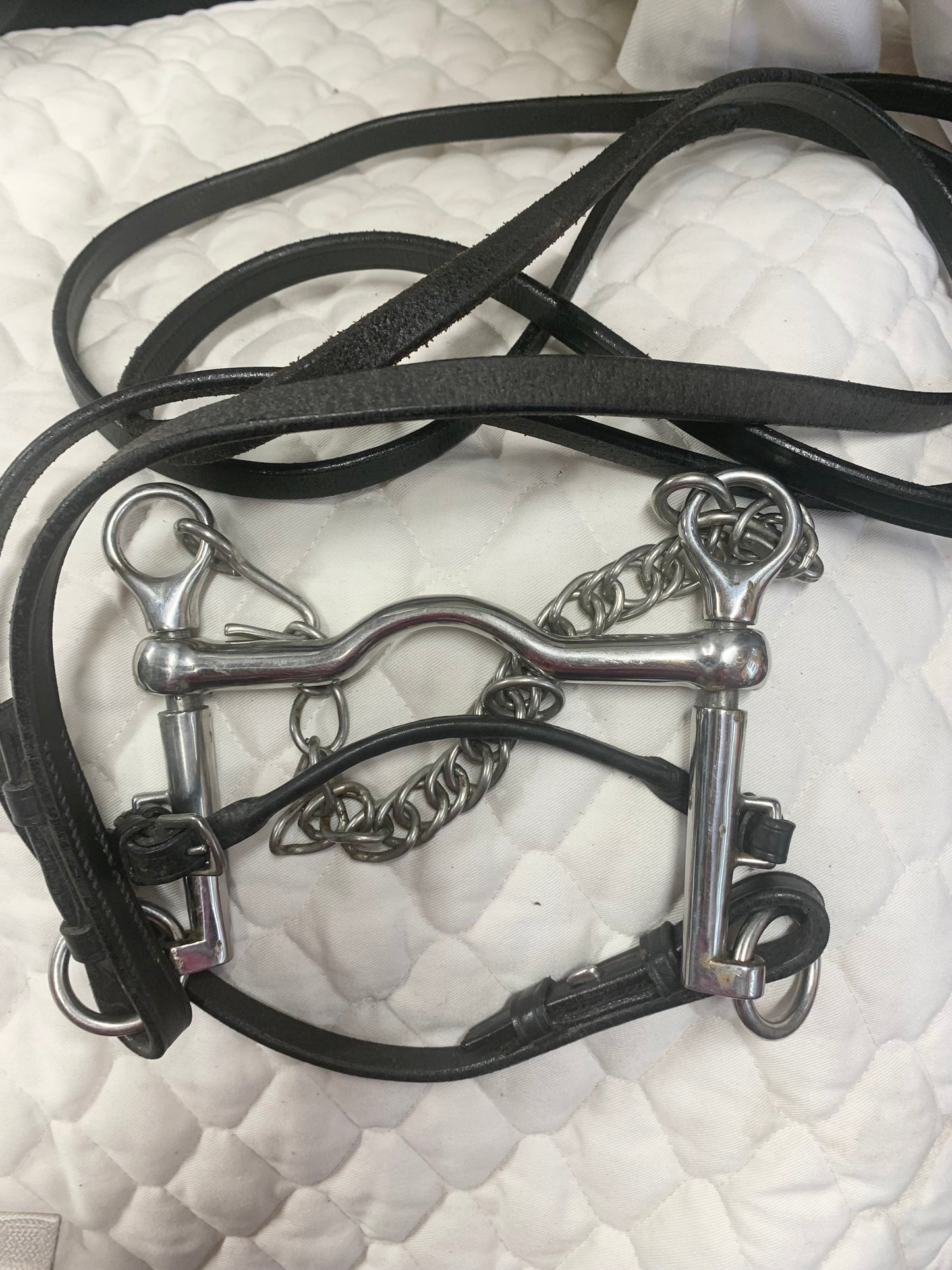 5” ported Weymouth sliding cheek Pelham with lip strap & 54” black leather double bridle reins