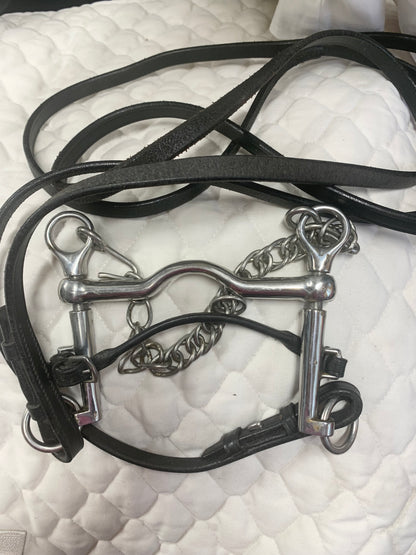 5” ported Weymouth sliding cheek Pelham with lip strap & 54” black leather double bridle reins