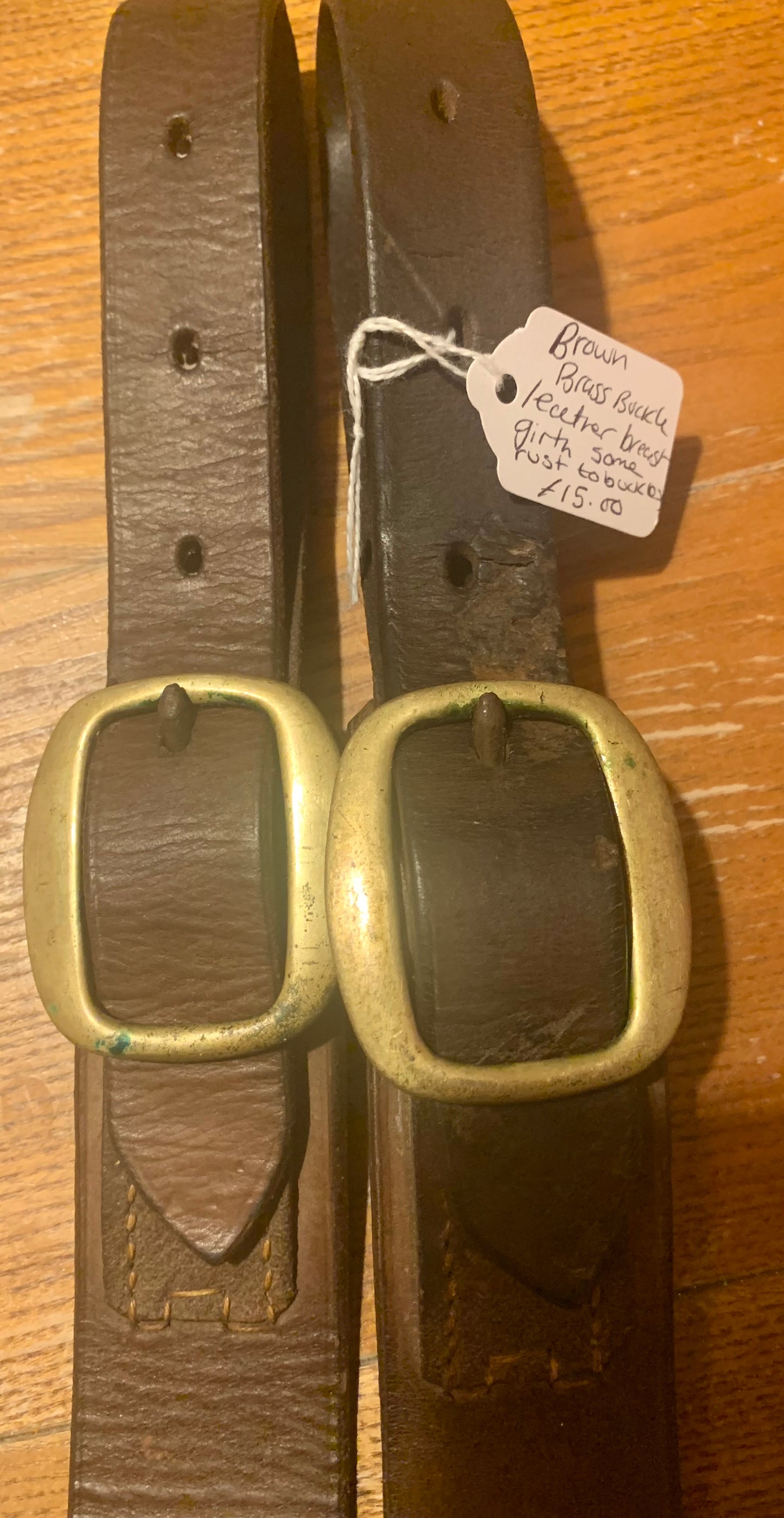 Brown leather brass buckle breast girth