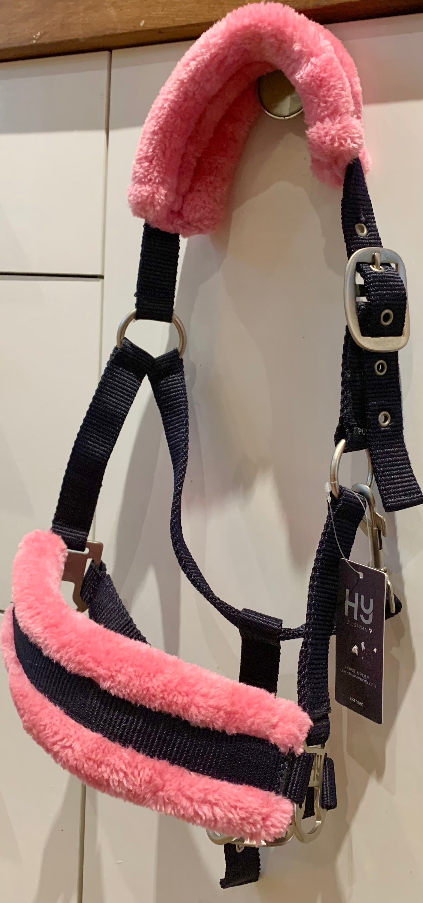 New with tag hy two tone faux fur headcollar navy/pink pony size