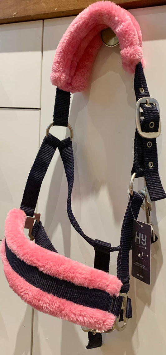 New with tag hy two tone faux fur headcollar navy/pink pony size