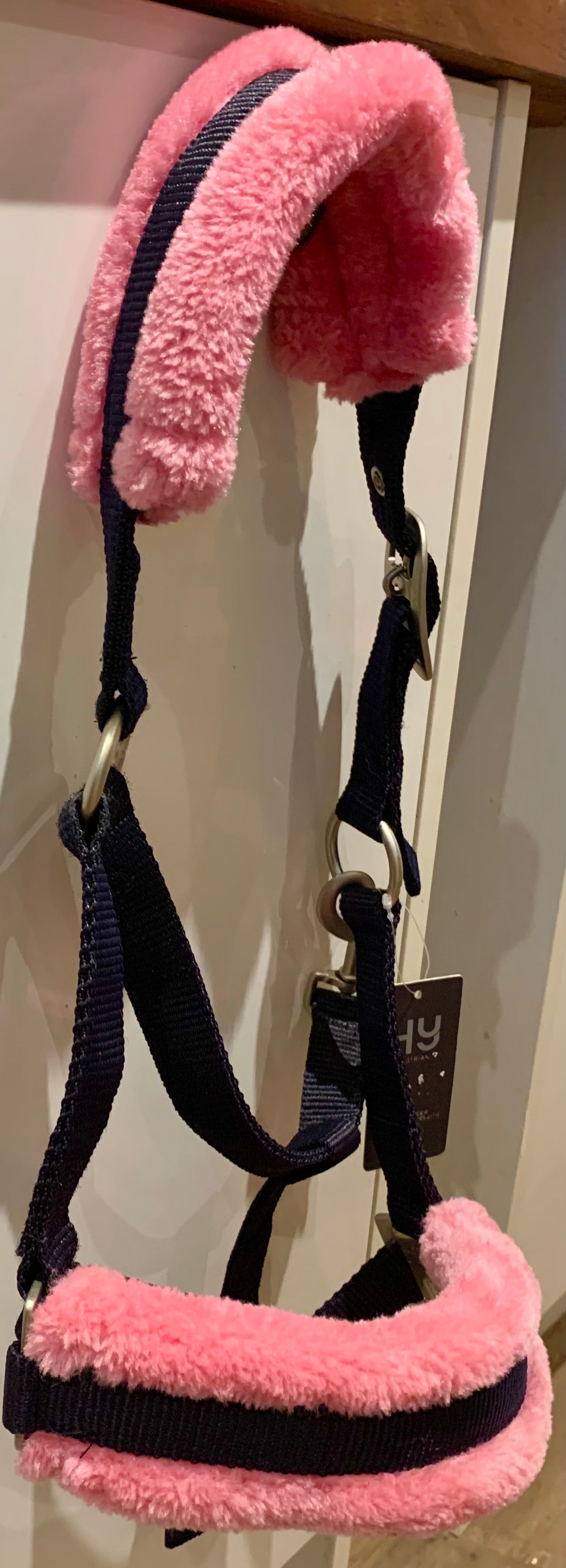 New with tag hy two tone faux fur headcollar navy/pink pony size