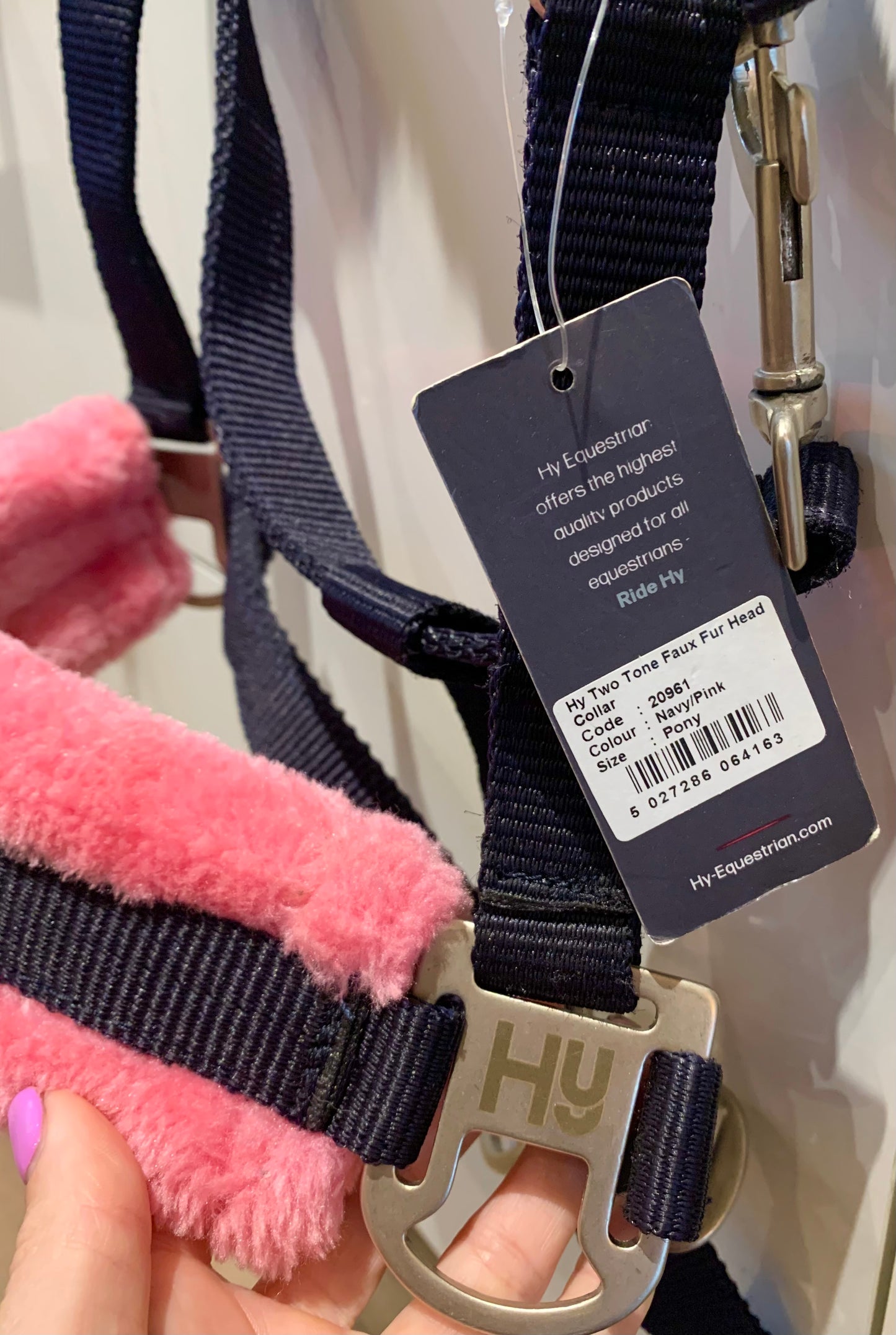 New with tag hy two tone faux fur headcollar navy/pink pony size