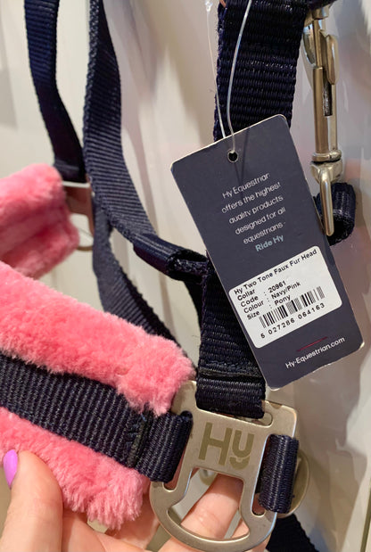 New with tag hy two tone faux fur headcollar navy/pink pony size