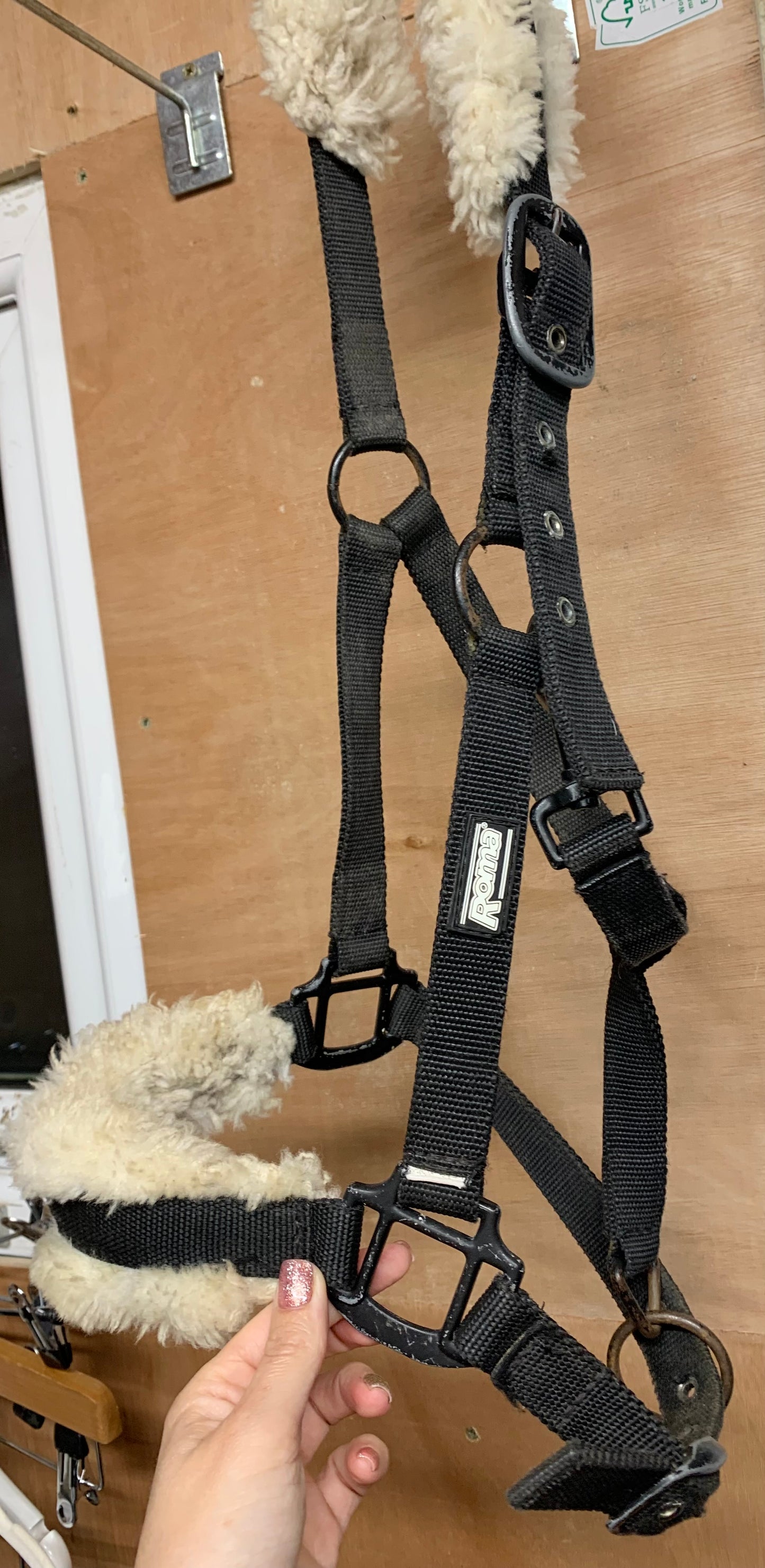 Full size black Roma headcollar with fluffy nose band and head piece