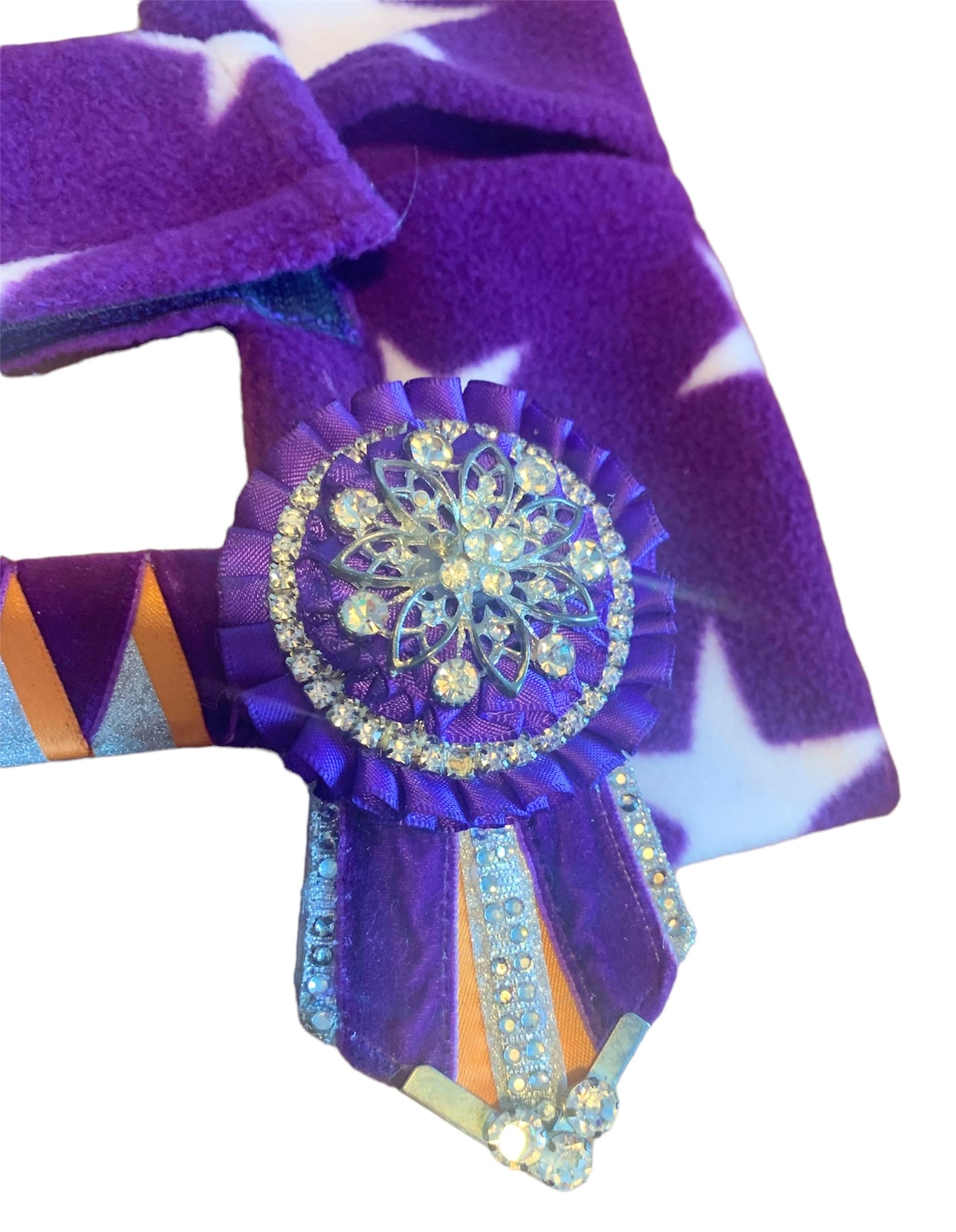 Purple, silver and orange browband with matching tie, button hole and 2 scrunchies