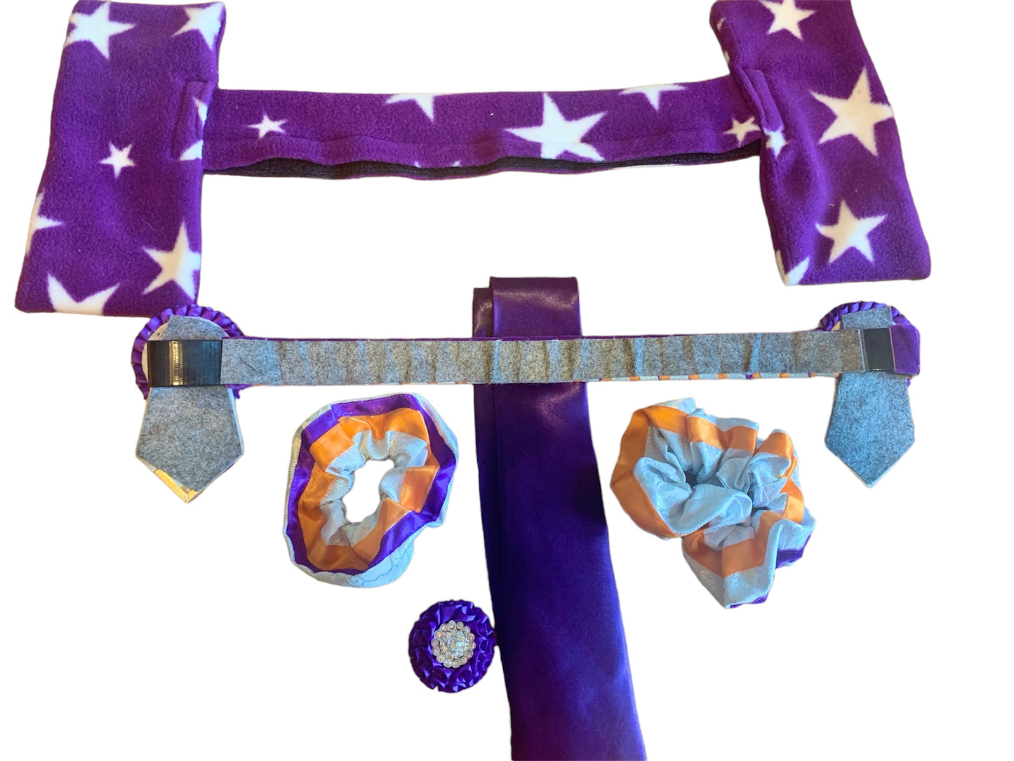 Purple, silver and orange browband with matching tie, button hole and 2 scrunchies