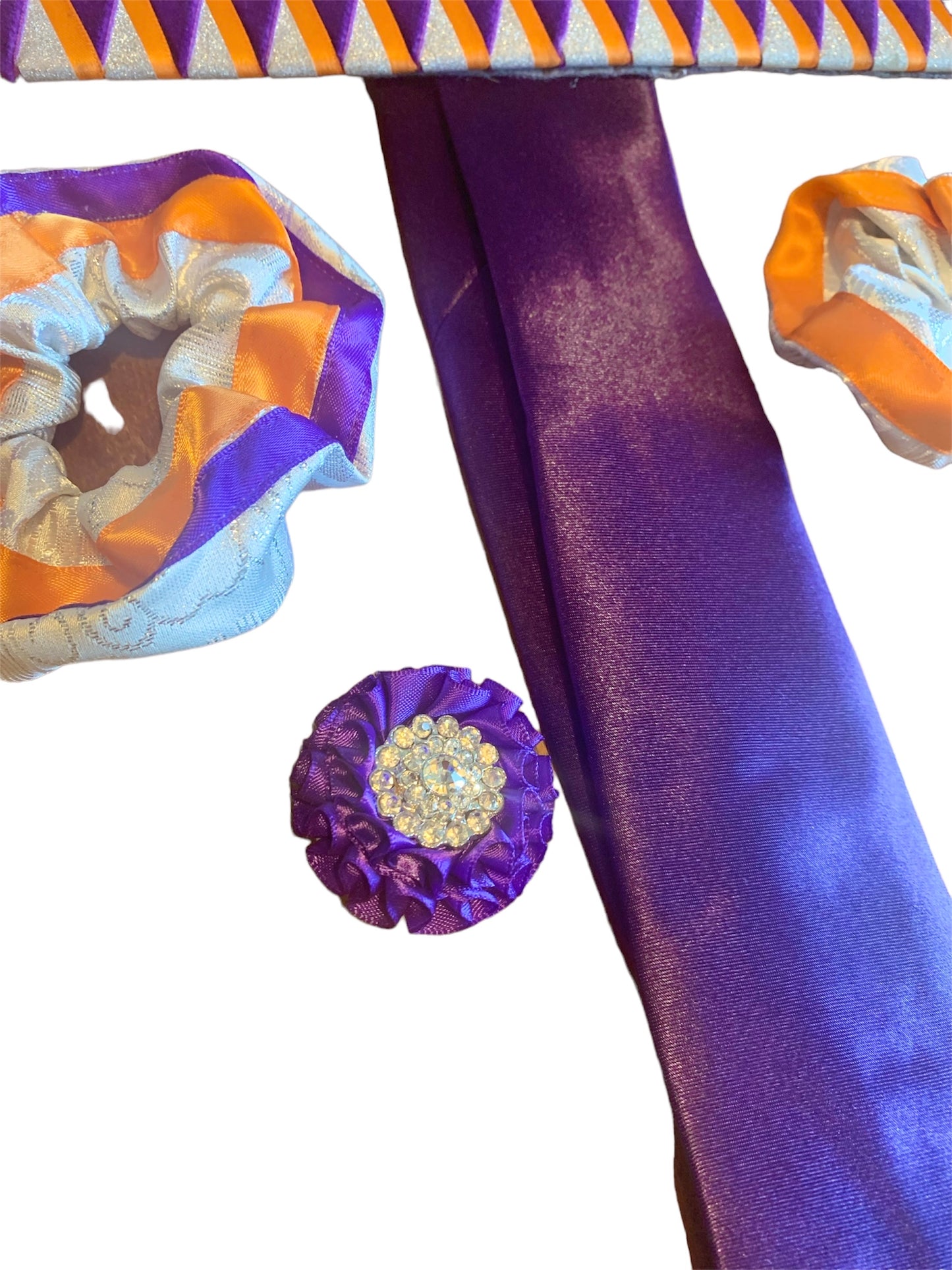 Purple, silver and orange browband with matching tie, button hole and 2 scrunchies